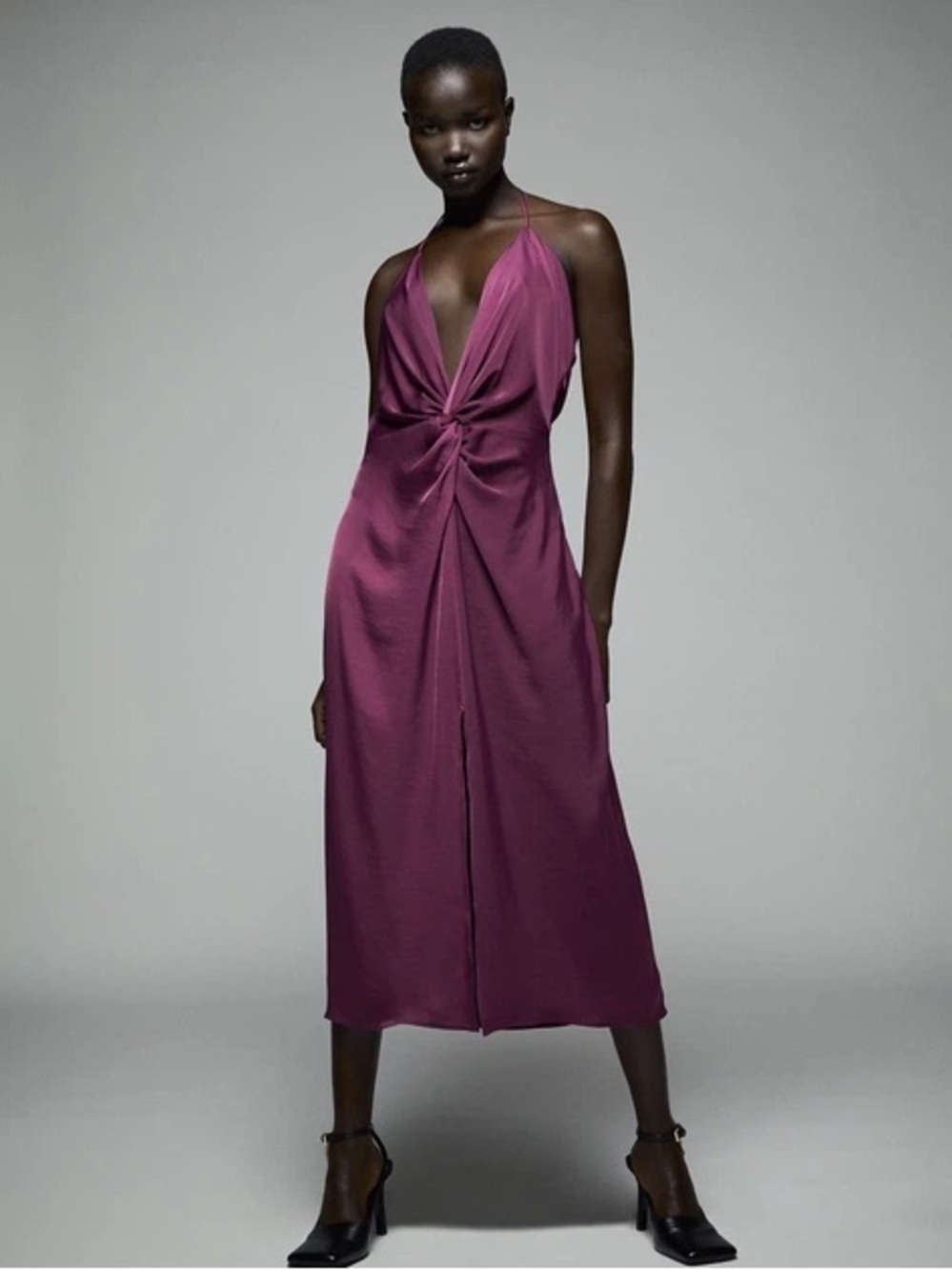 Burgundy Satin Slip Dress Ruched Front Spaghetti Strap Midi Size Small